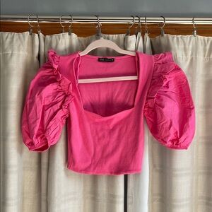 Zara Pink Ruffled Sleeve Cropped Top